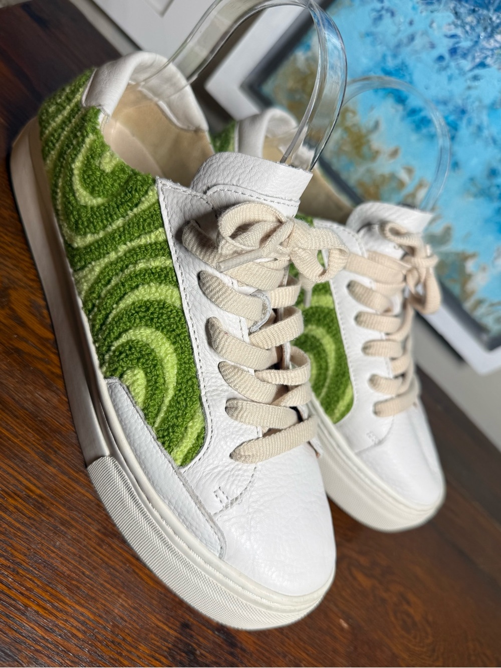 Soludos White Sneakers with Green Swirl Panels